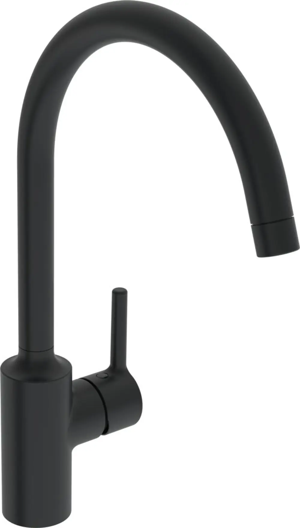 Schwarze Küchenarmatur von HANSA mit gebogenem Auslauf und seitlichem Hebel zur Wasserregelung, geeignet für moderne Küchen.